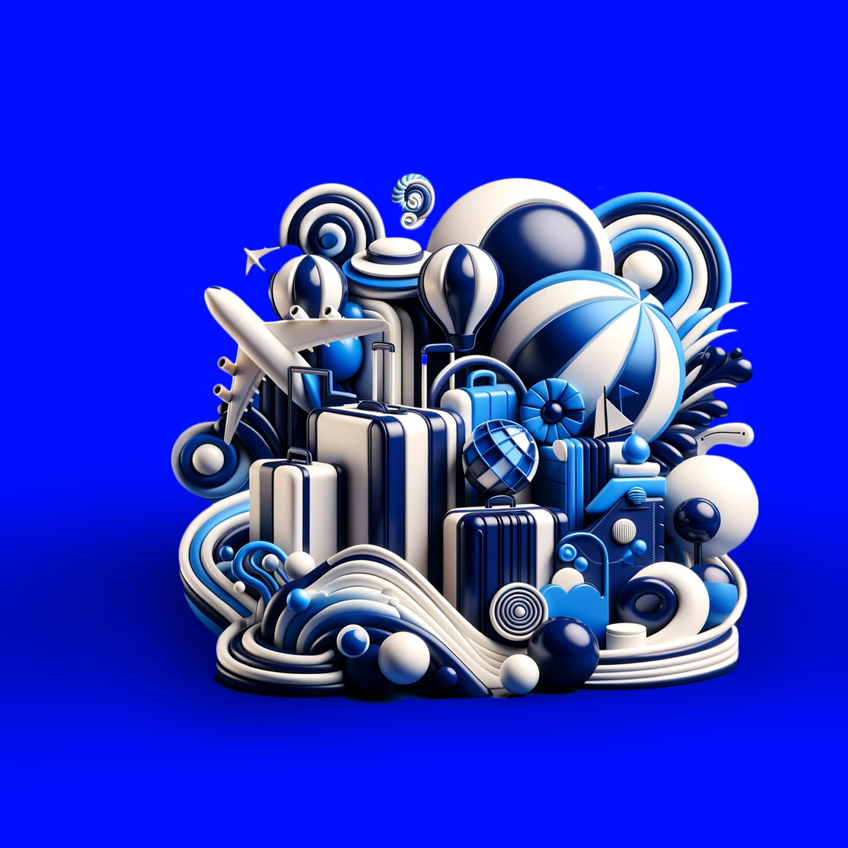 An abstract composition of 3D shapes and objects in various shades of blue, creating a playful and intricate visual ensemble against a monochromatic background