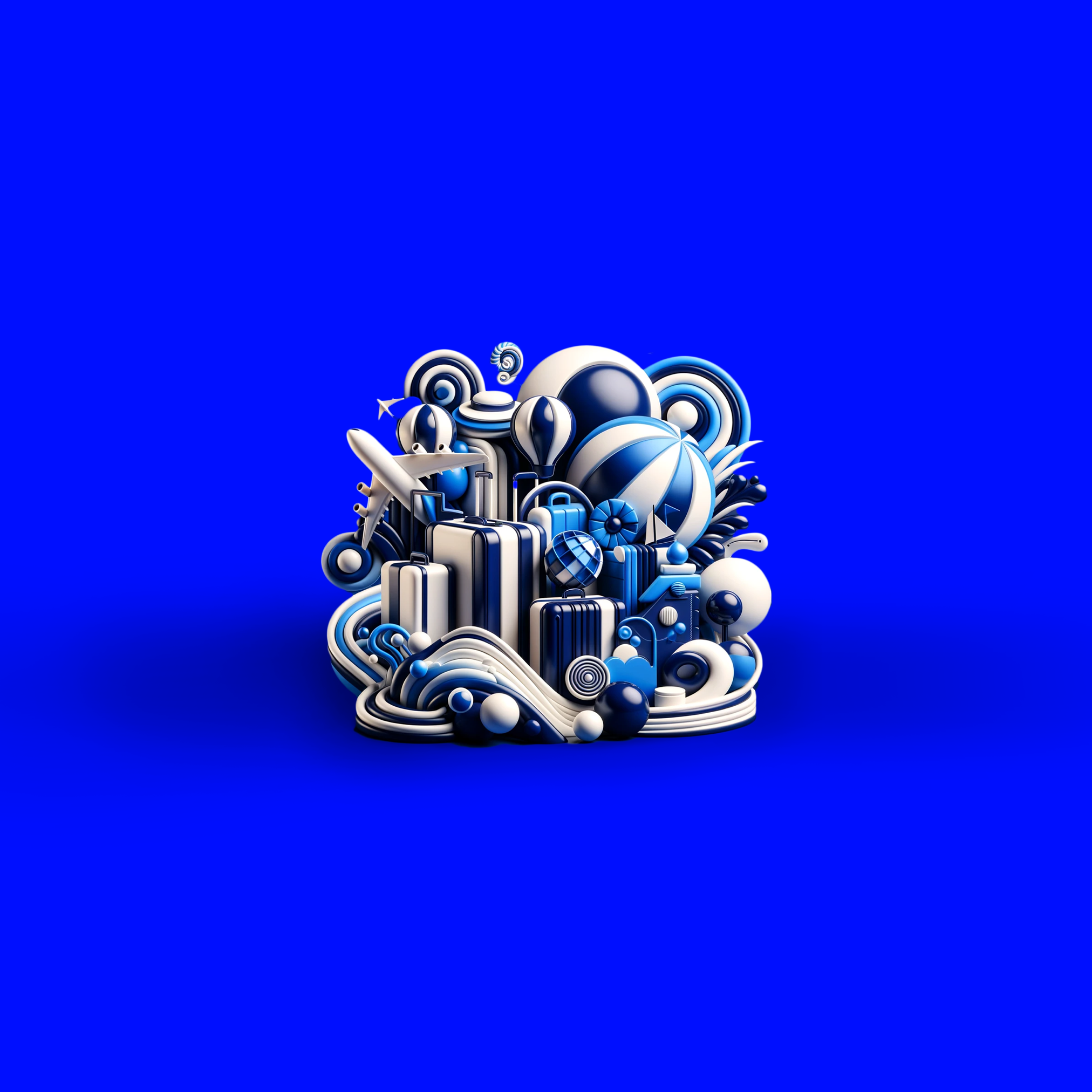 An abstract composition of 3D shapes and objects in various shades of blue, creating a playful and intricate visual ensemble against a monochromatic background