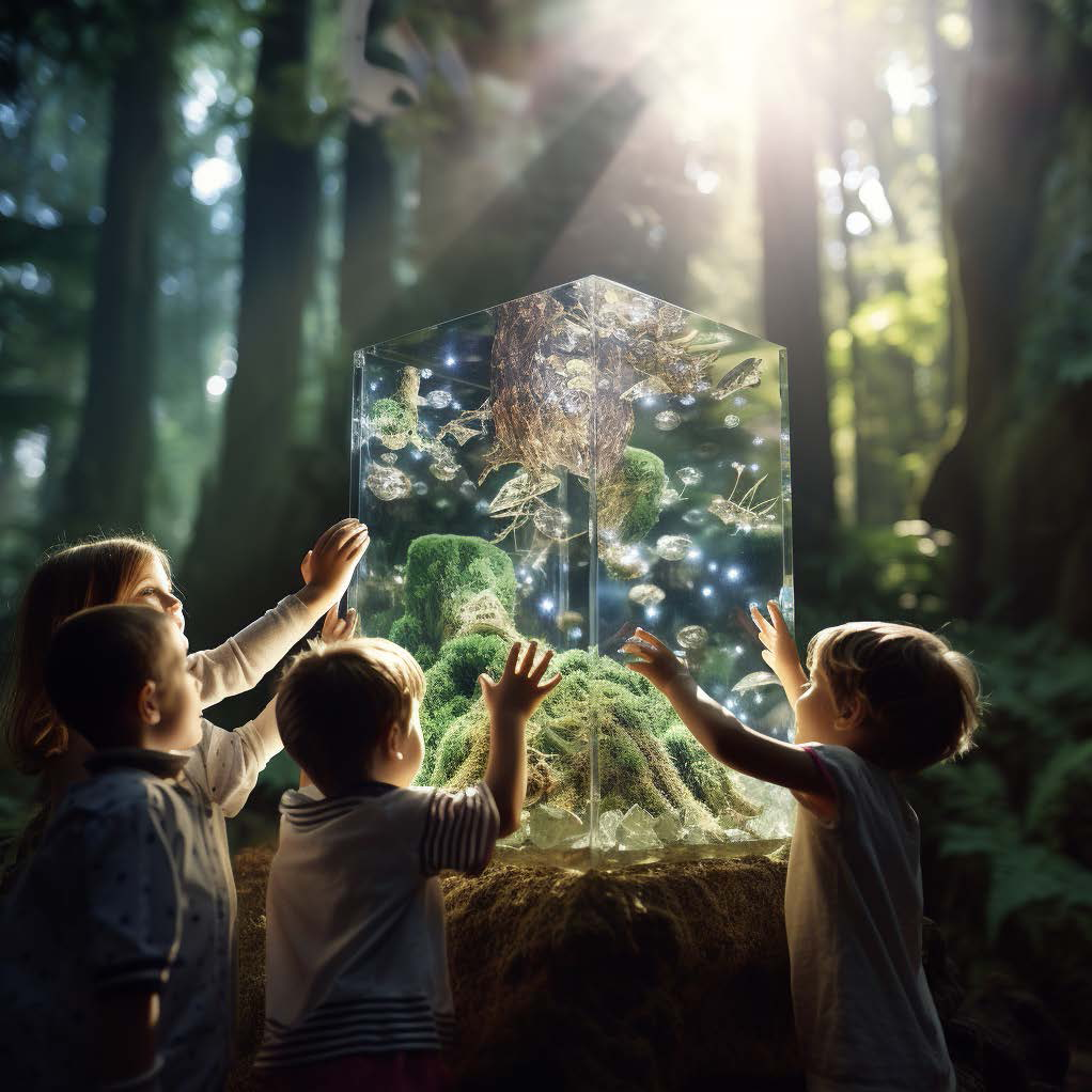 AI produced photo portraying four kids interacting with a display cube. Luminescent flora is inside the diplay cube. Edited by Midjourney