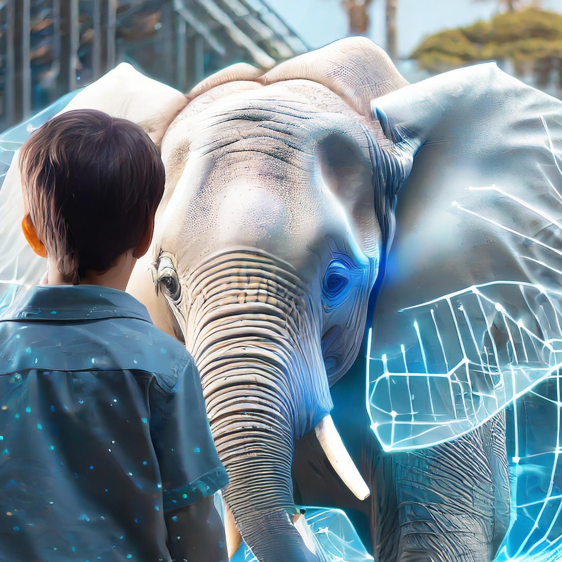 little boy stands in front of a projected elephant and they look at each other at the Holographic Age Event from Battle Royal Studios