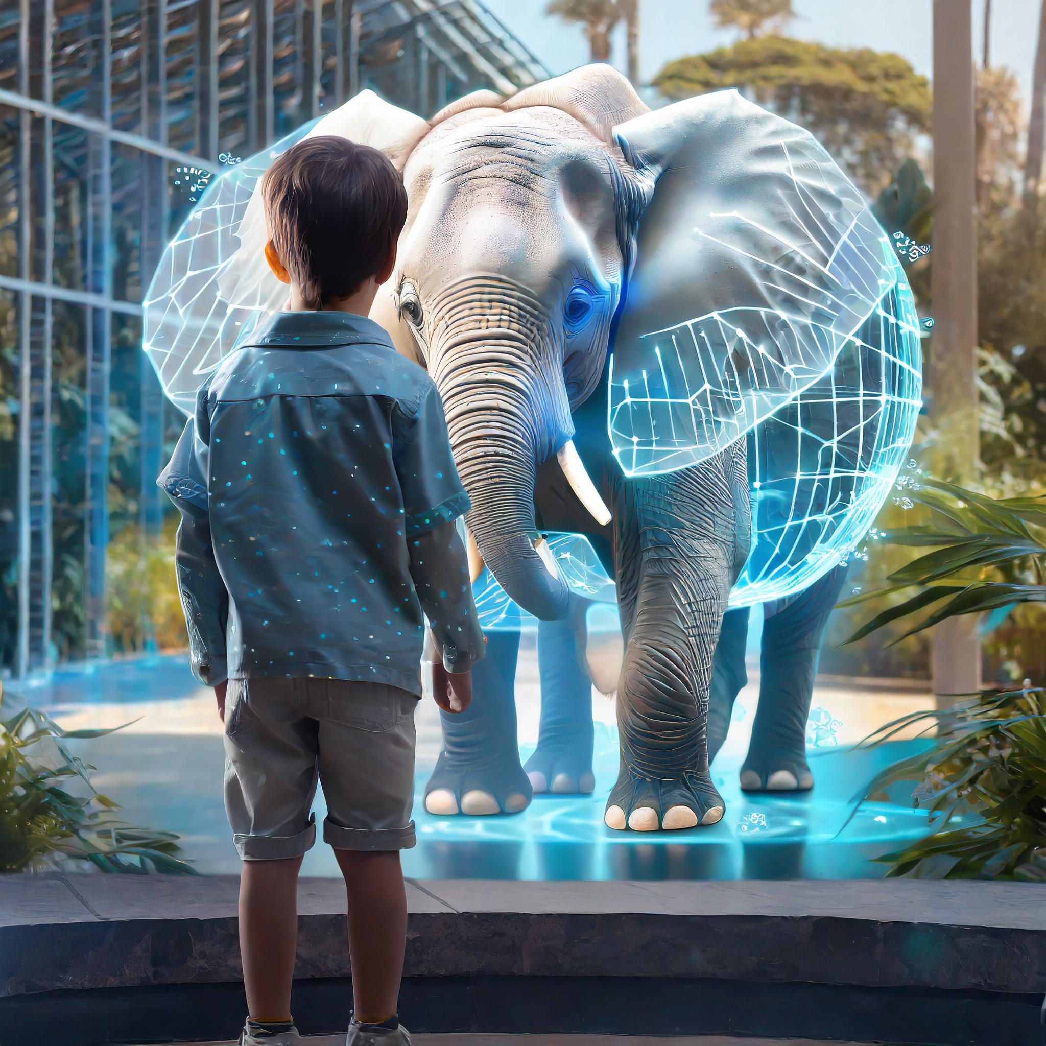little boy stands in front of a projected elephant and they look at each other at the Holographic Age Event from Battle Royal Studios