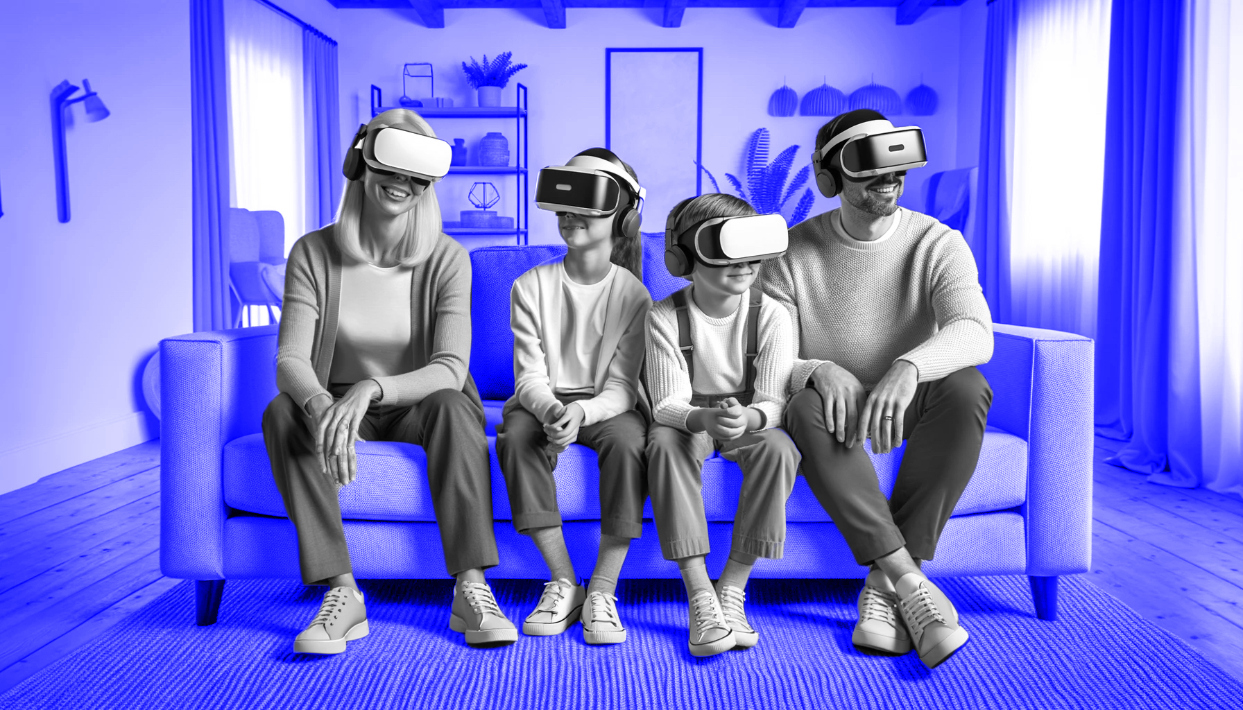 A family enjoys a virtual reality experience together, sitting on a sofa, each wearing VR headsets, immersed in a digital world from the comfort of their blue-hued living room.