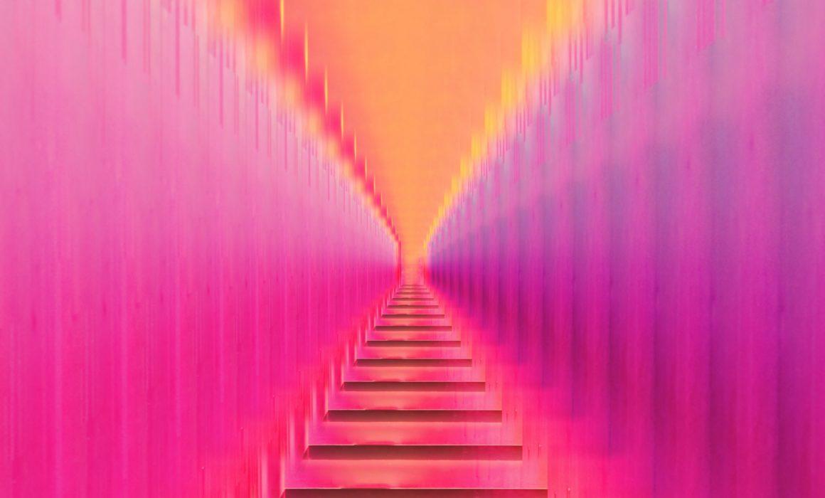 Stair like image leading towards a square vanishing point in pink and cream-orange.