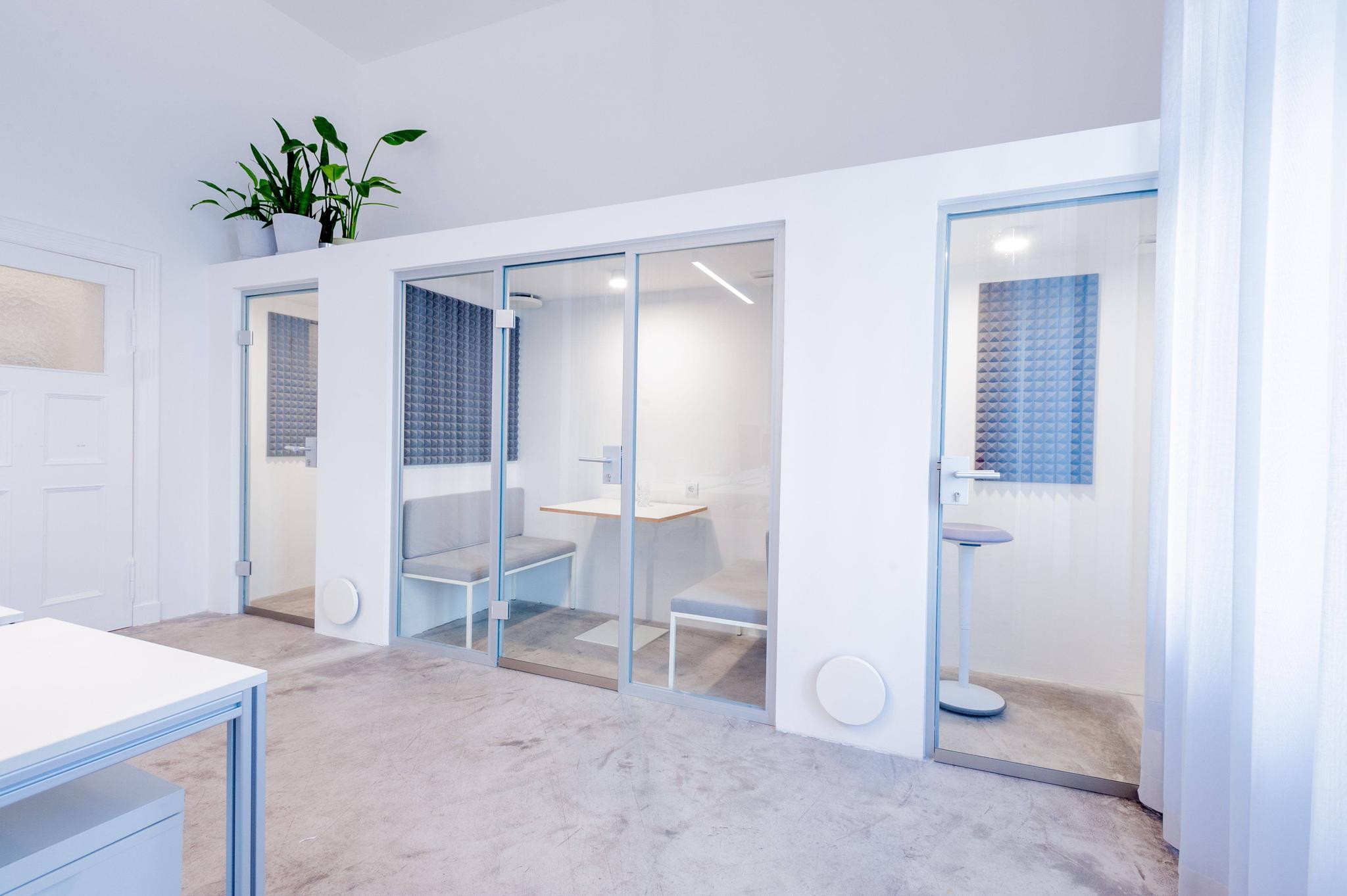 3 meeting cabins with glass doors in a white, sleek and open hybrid office space. 2 potted plants are on top of the meeting cabins.
