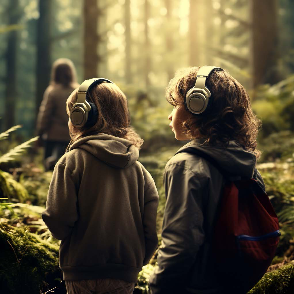 AI produced photo portraying two kids wearing headphones wandering in a forest. Edited by Midjourney