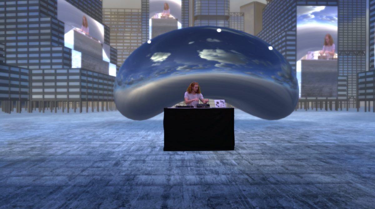A DJ plays music amongst a digital environment with a large, chrome bean in an urban landscape.