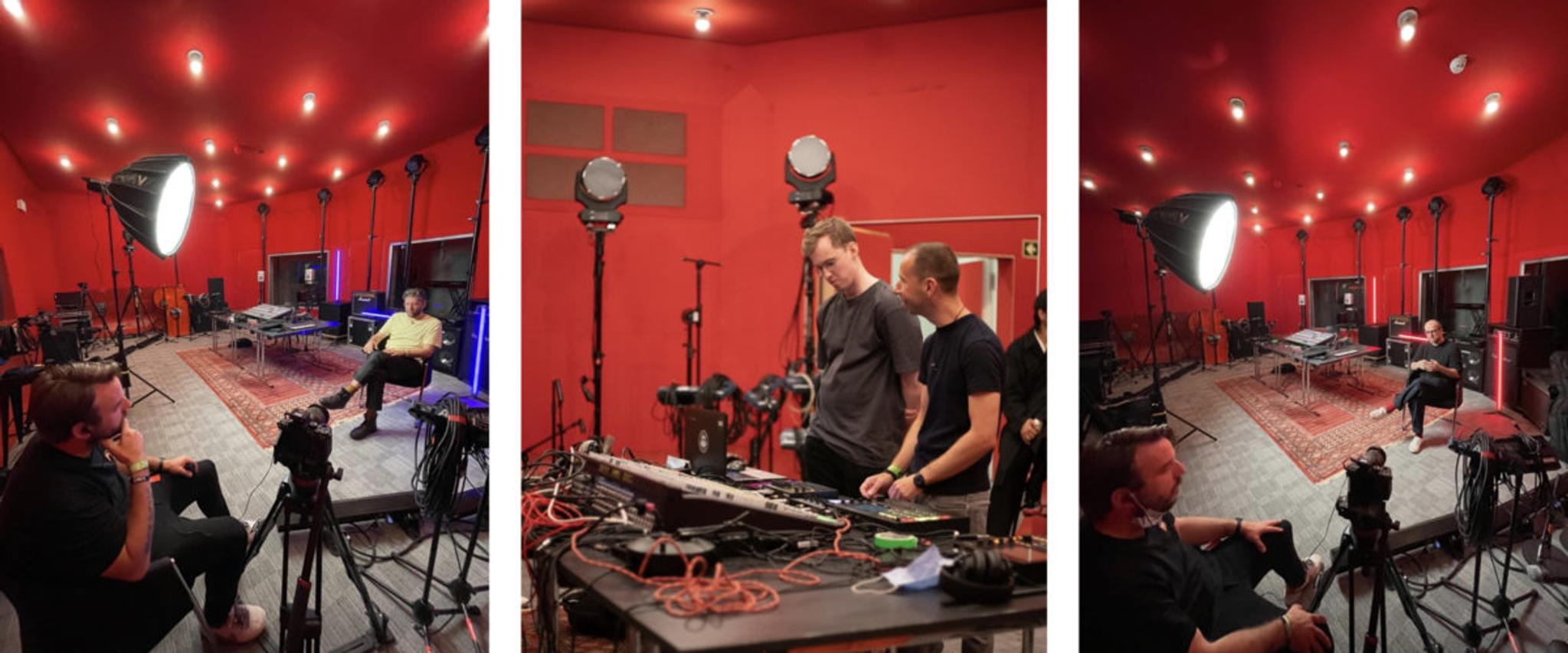 A tryptic of 3 images of a red room with musicians, cameras and studio lighting.