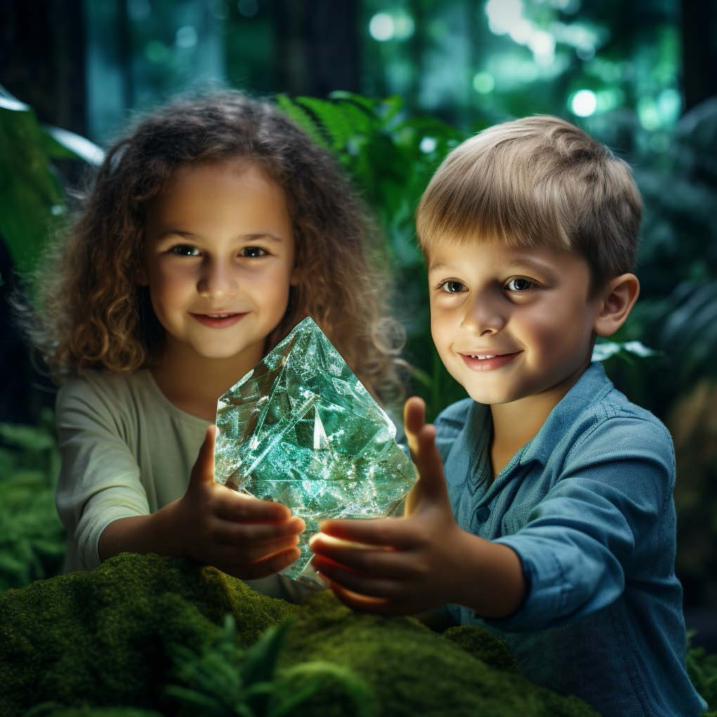 AI produced photo portraying two kids holding a glooming crystal in a forest. Edited by Midjourney