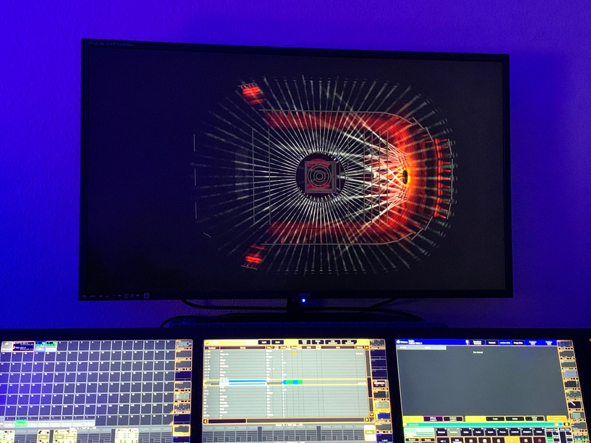 The light design as seen from a monitor in a tech room.