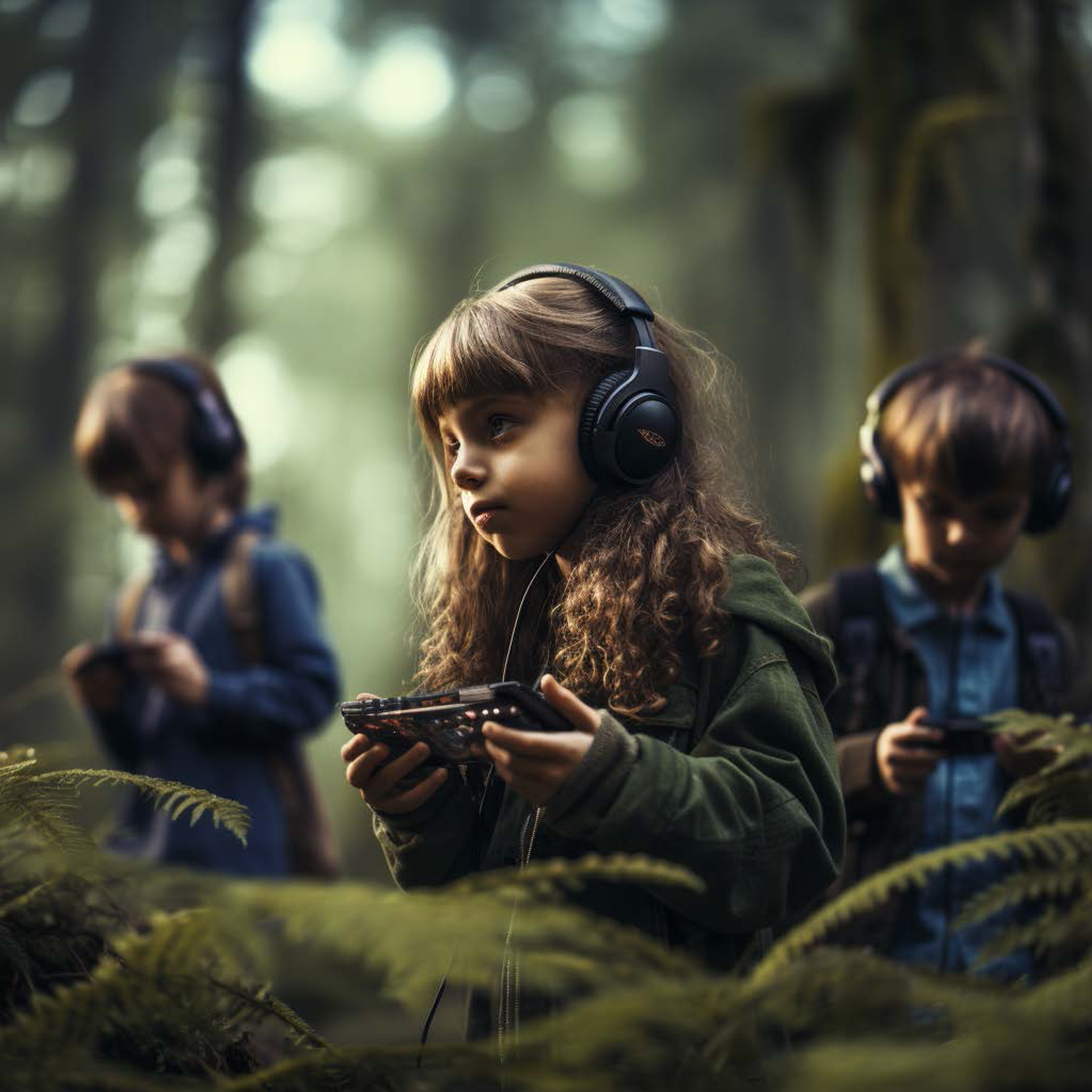 AI produced photo portraying three kids in a forest holding an unknown electric device. Edited by Midjourney