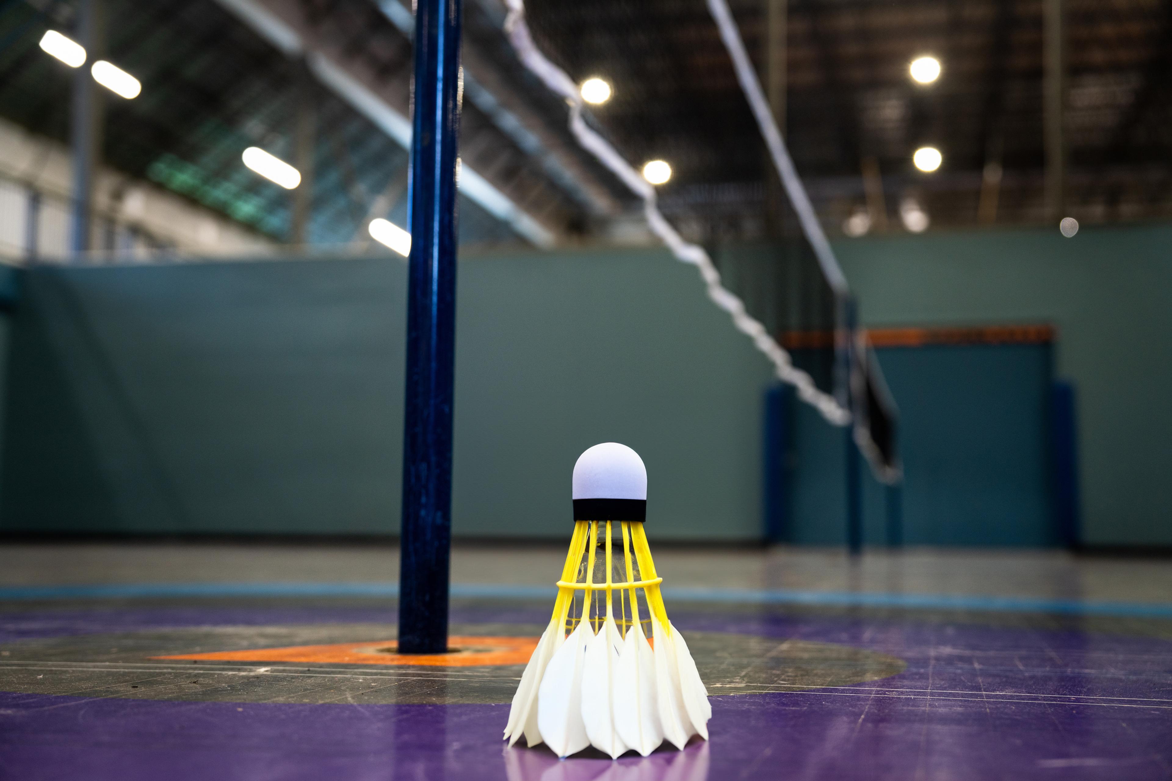an image of a Badminton Shuttlecock standing upright next to a Badminton Net in a gymnasium.