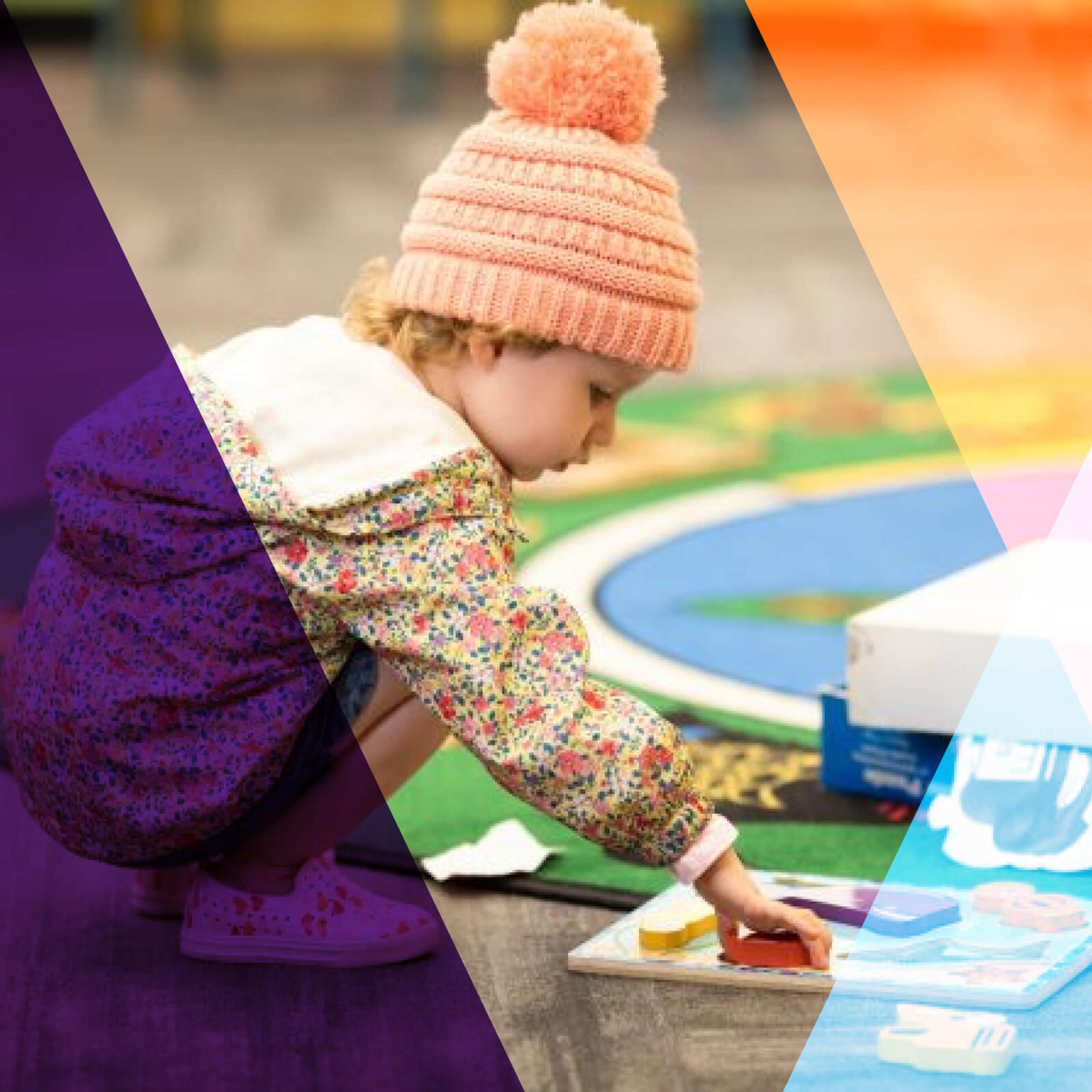 A child wearing a toque and winter jacket, playing with blocks with a colorful overlay.