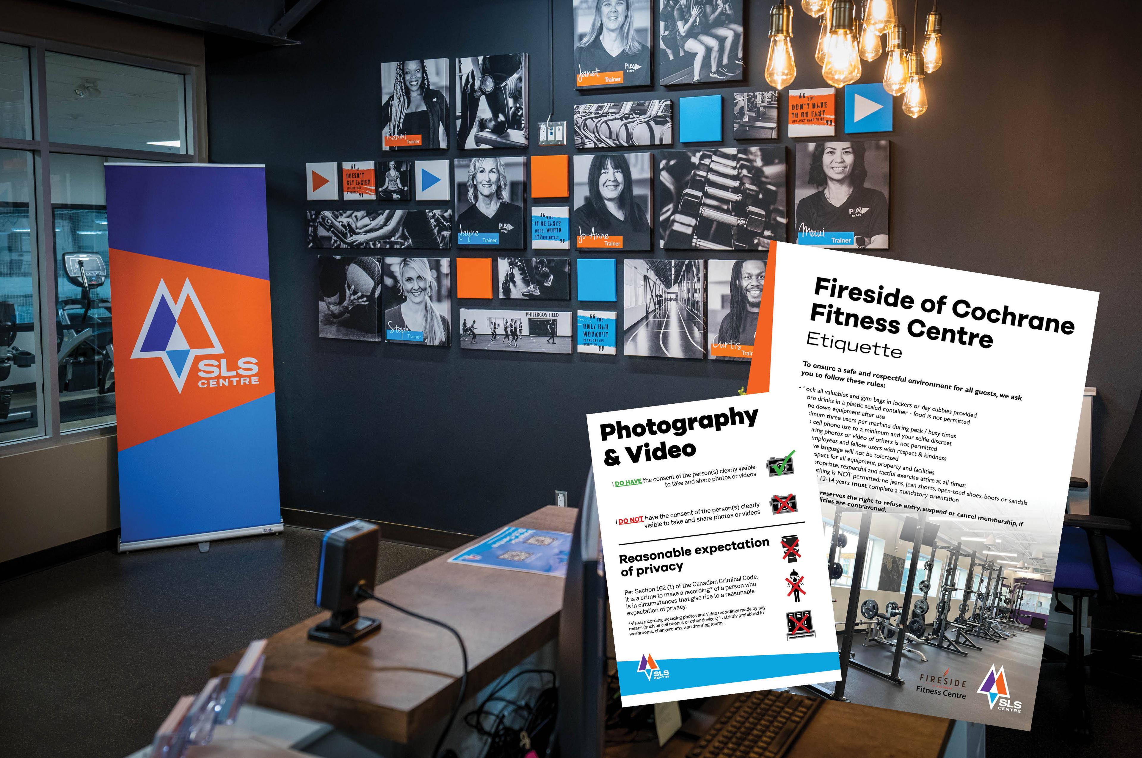 An image of a reception of a fitness centre with canvas' of personal trainers on the wall and an overlay image of Fitness centre etiquettes including photography and video rules.