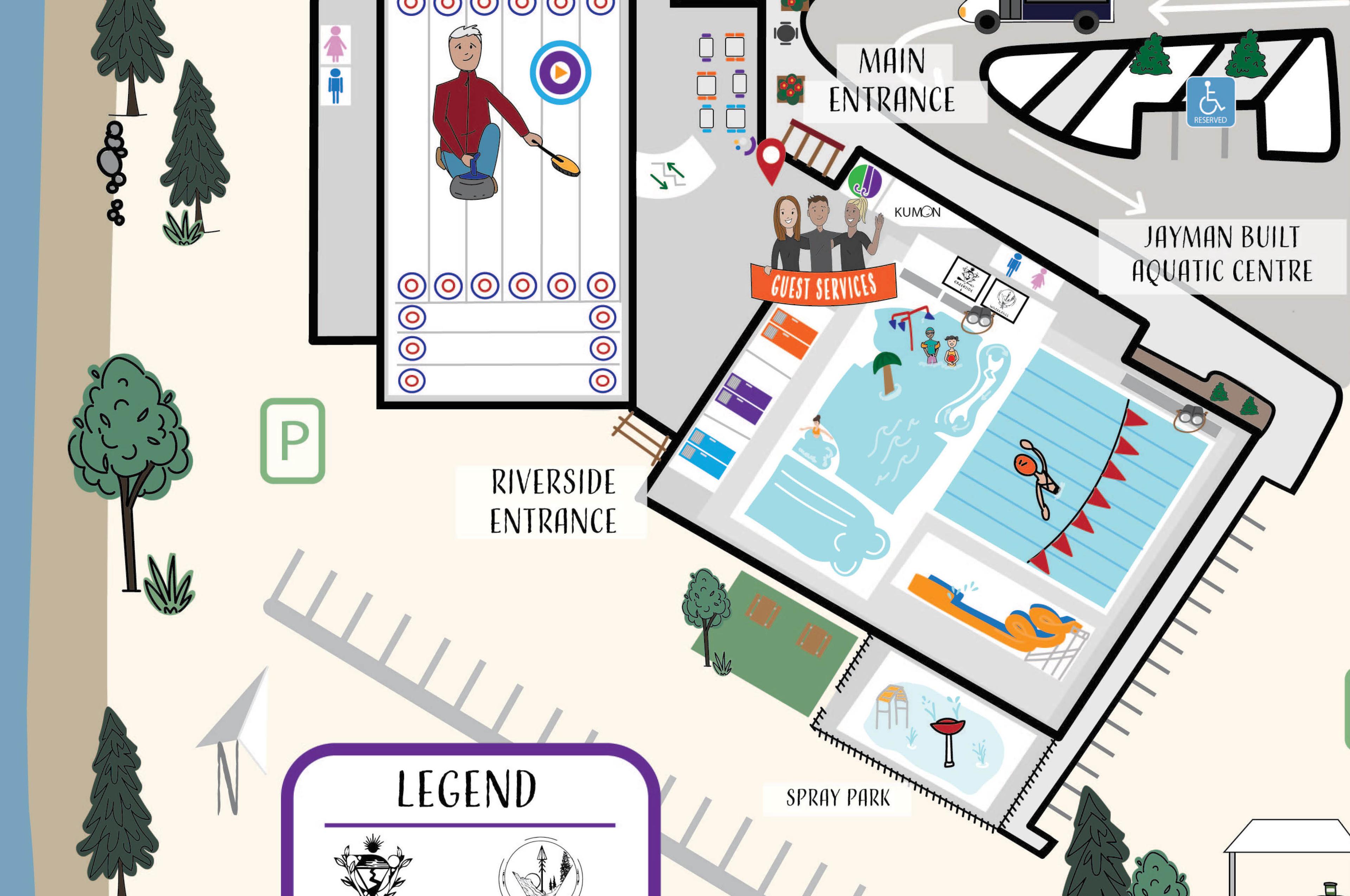 Illustrated map of the SLS Centre entrances highlighting curling and swimming facilities.