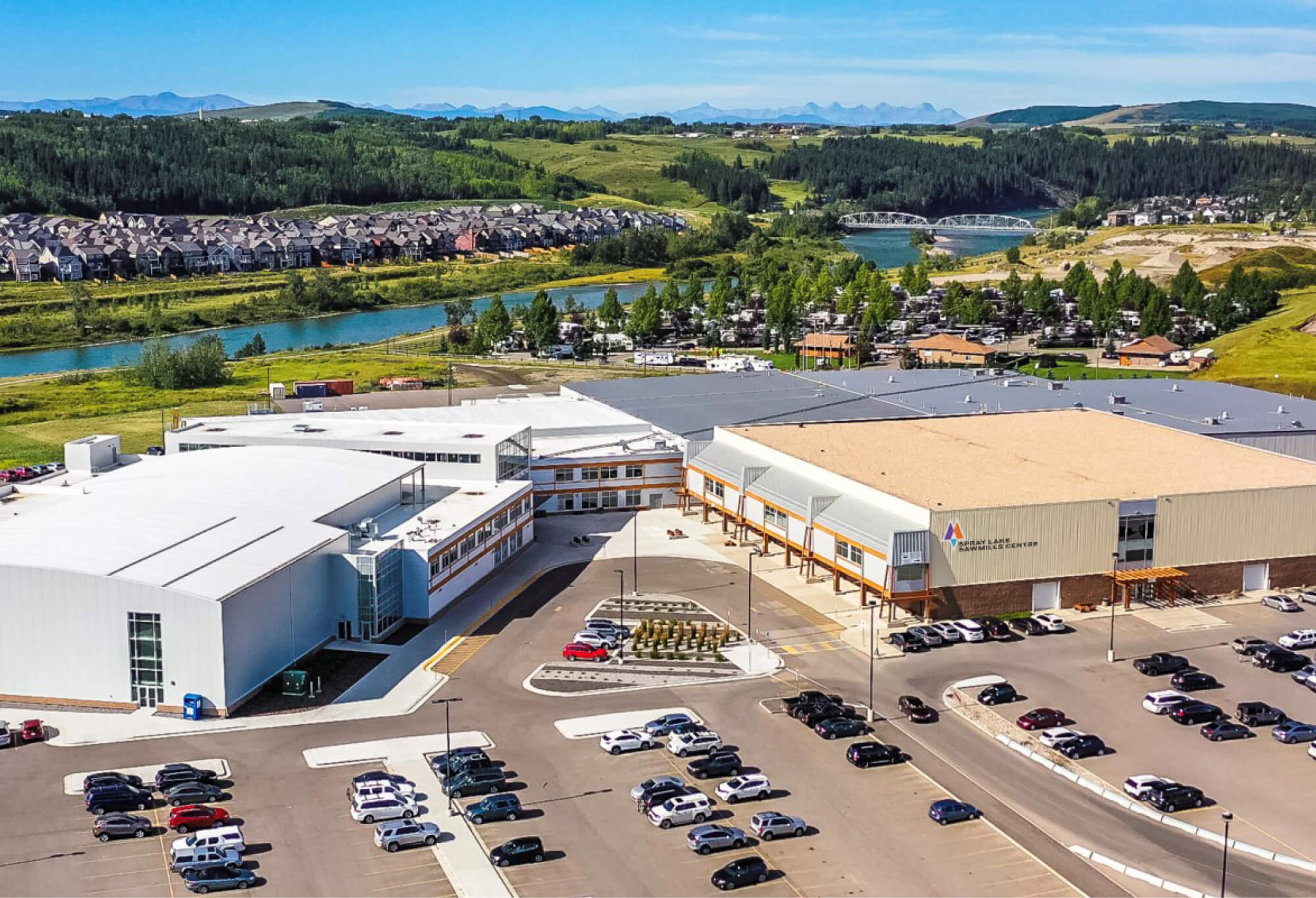 Spray Lake Sawmills Recreation Centre from an aerial view.