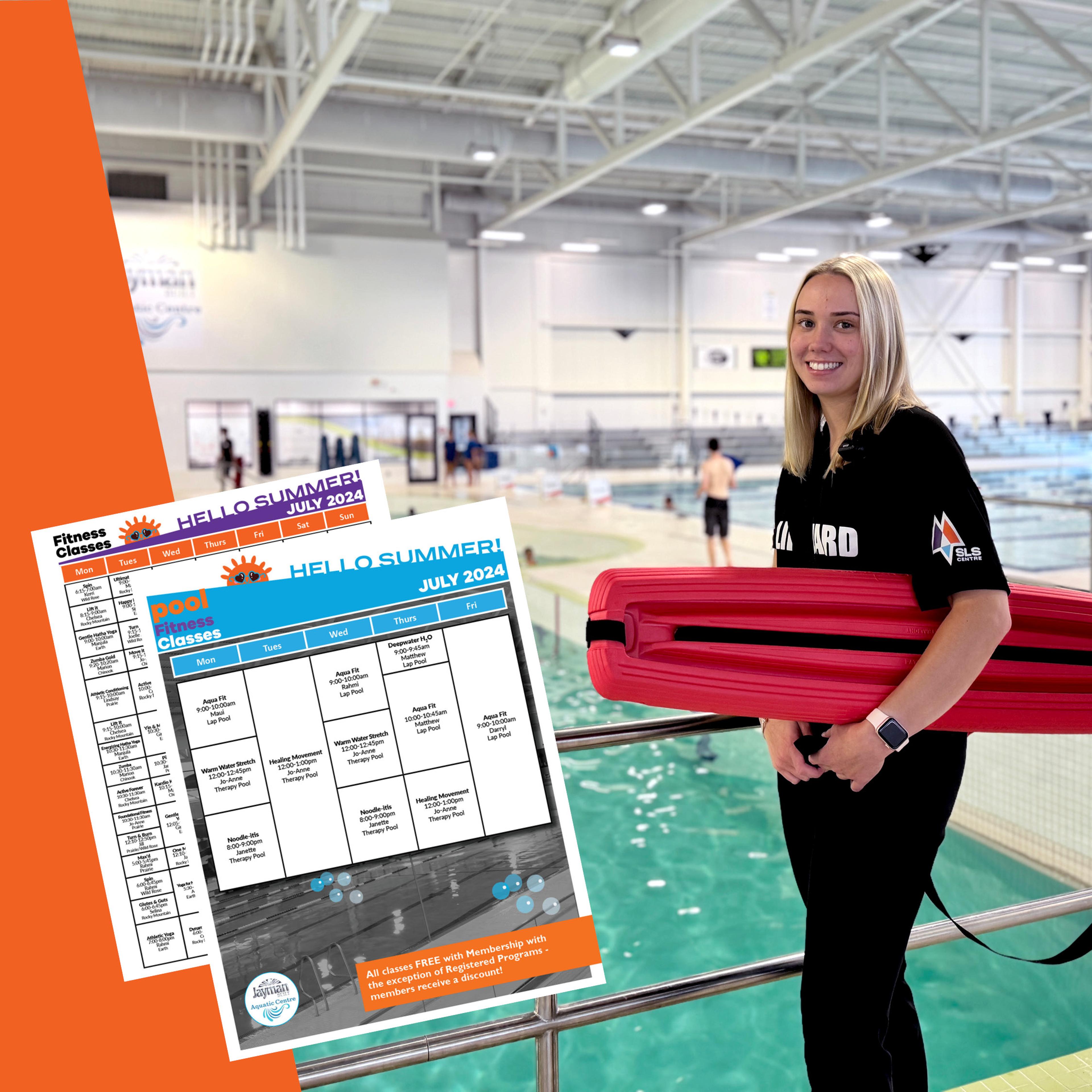 Smiling lifeguard holding a red floatation device next to a pool with a summer 2024 fitness and pool fitness class schedule