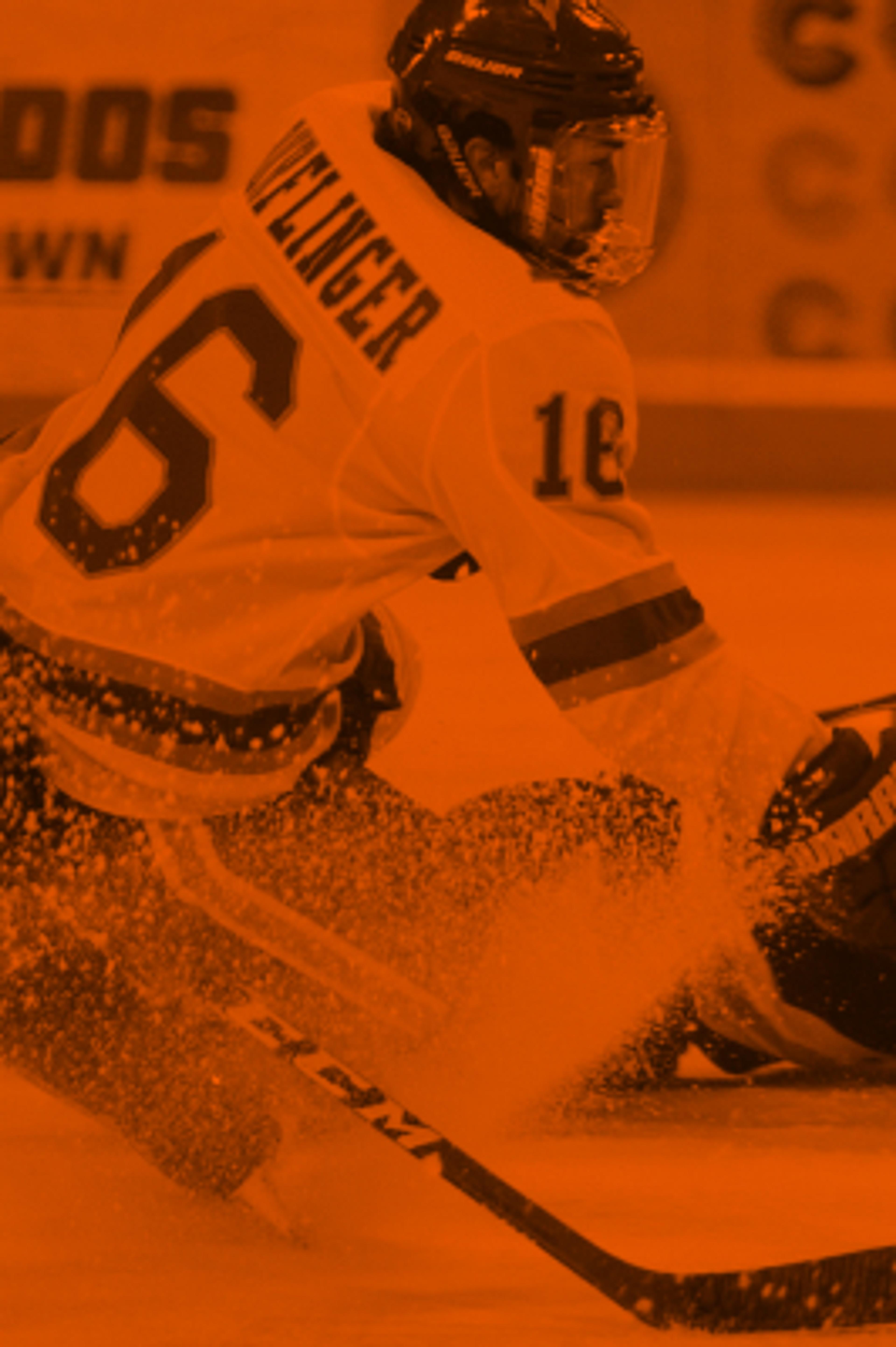 A hockey player on the ice, with an orange overlay