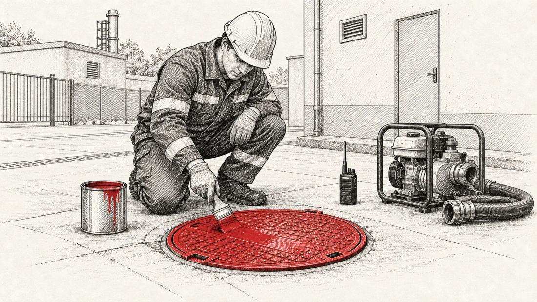 A worker paints a fire hydrant cover red in a facility yard A worker paints a fire hydrant cover red in a facility yard