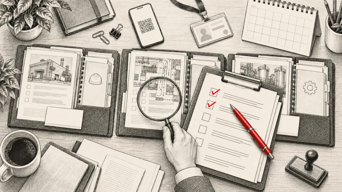 A hand with a magnifying glass over open document folders on a desk, with a checklist with tick marks, a stamp and a smartphone with a QR code nearby A hand with a magnifying glass over open document folders on a desk, with a checklist with tick marks, a stamp and a smartphone with a QR code nearby
