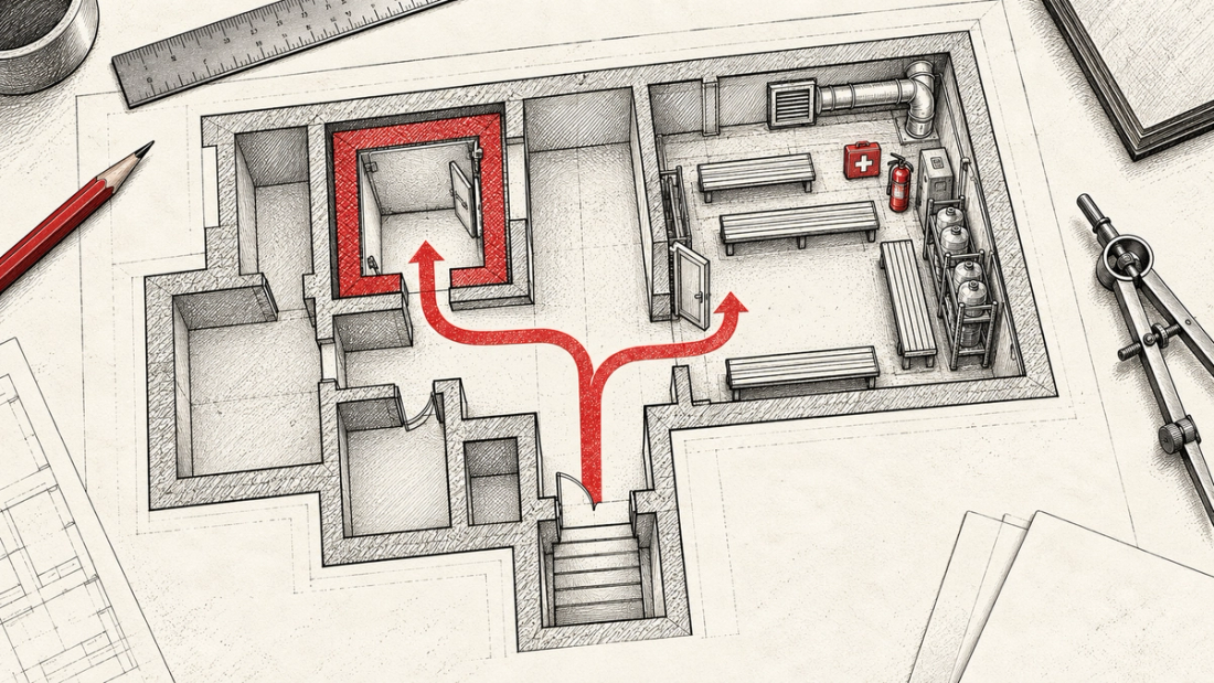 Two options for formalising basement premises shown on an architectural plan: a safe space and a simplest shelter Two options for formalising basement premises shown on an architectural plan: a safe space and a simplest shelter