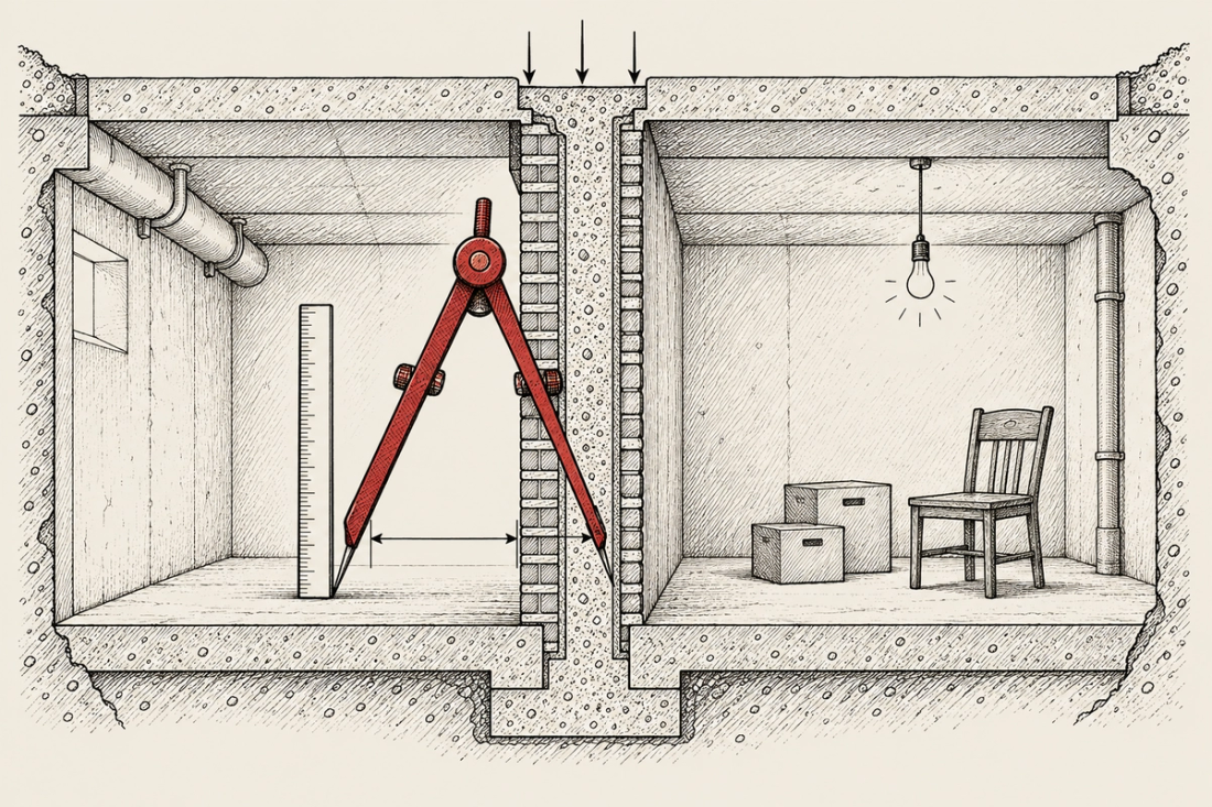 Basement premises in cross-section: on one side of the wall, its thickness is shown as a layer of brick and concrete Basement premises in cross-section: on one side of the wall, its thickness is shown as a layer of brick and concrete