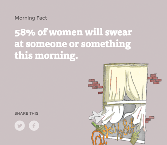 A drawing of a window with symbols coming out of a window on a beige background with text above it that reads, "58% of women will swear at someone or something this morning."