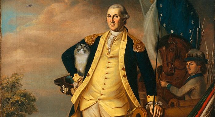 Painting of george washington holding a cat with a man holding a horse and a flag behind him