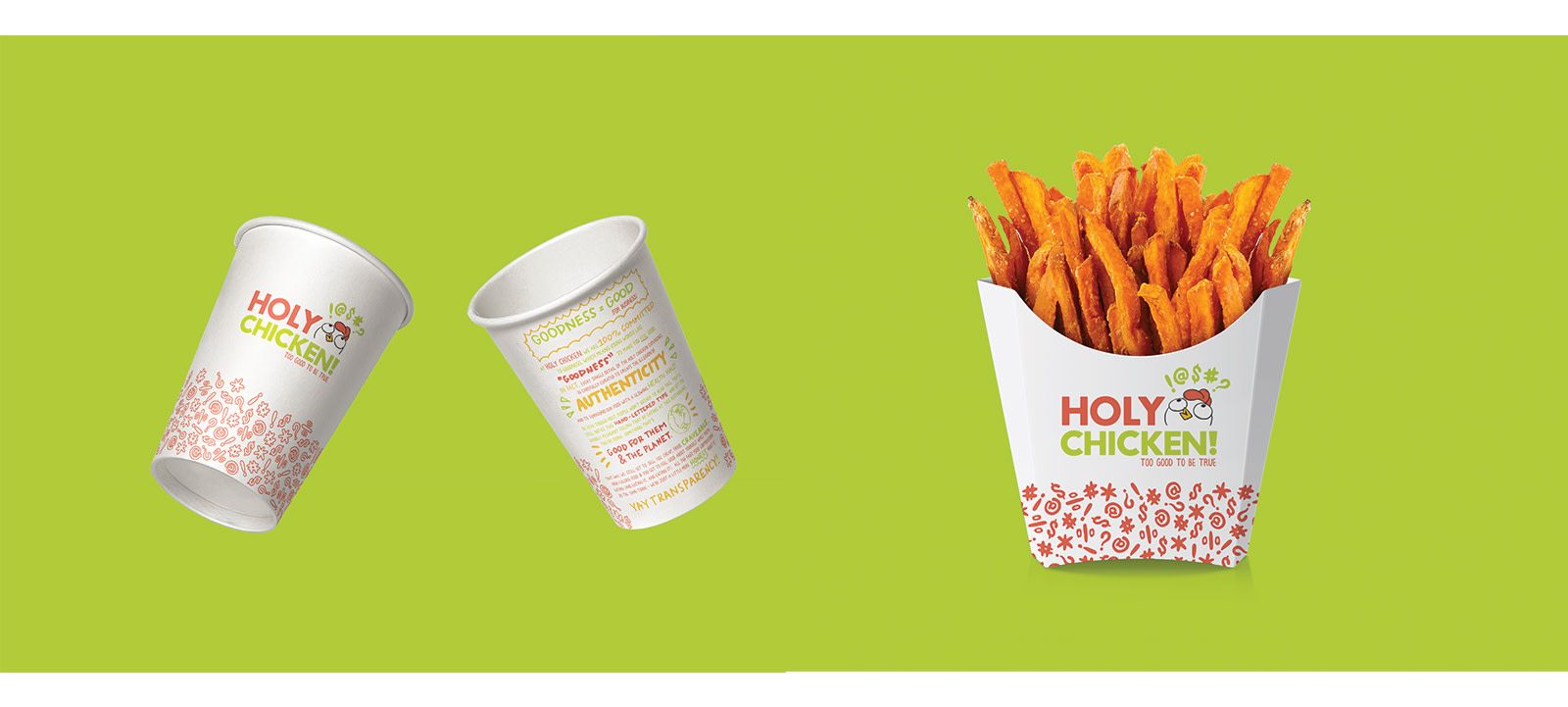 two holy chicken cups and a box of fries are displayed floating in front of a green background