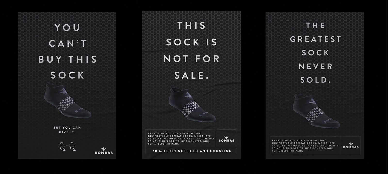 three distinct posters for a sock have black backgrounds and say different slogans