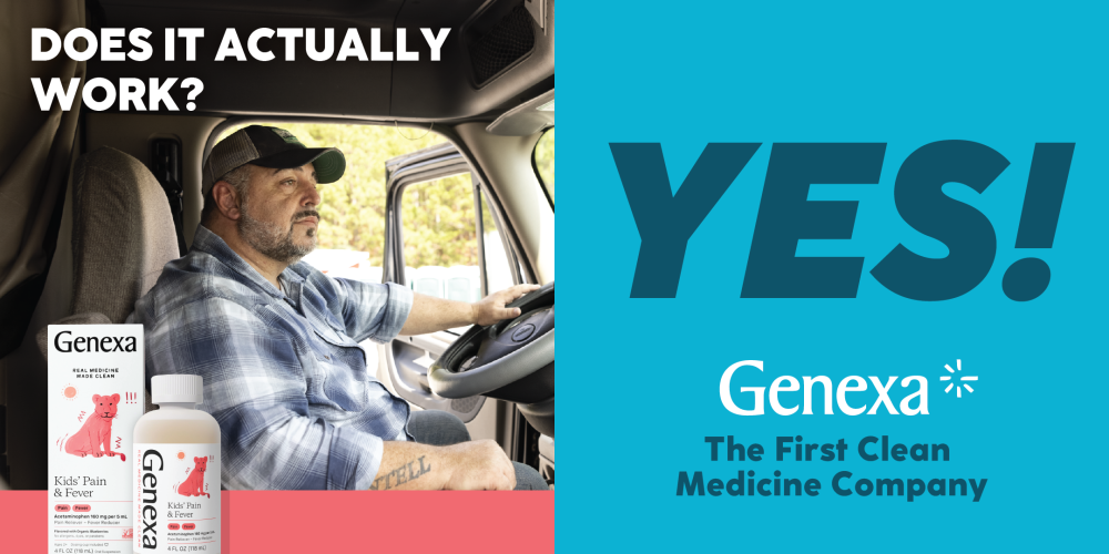 split photo of a man on the left driving a truck with the words above it, "Does it actually work?" and a yes in large letters on the right for genexa the first clean medicine company