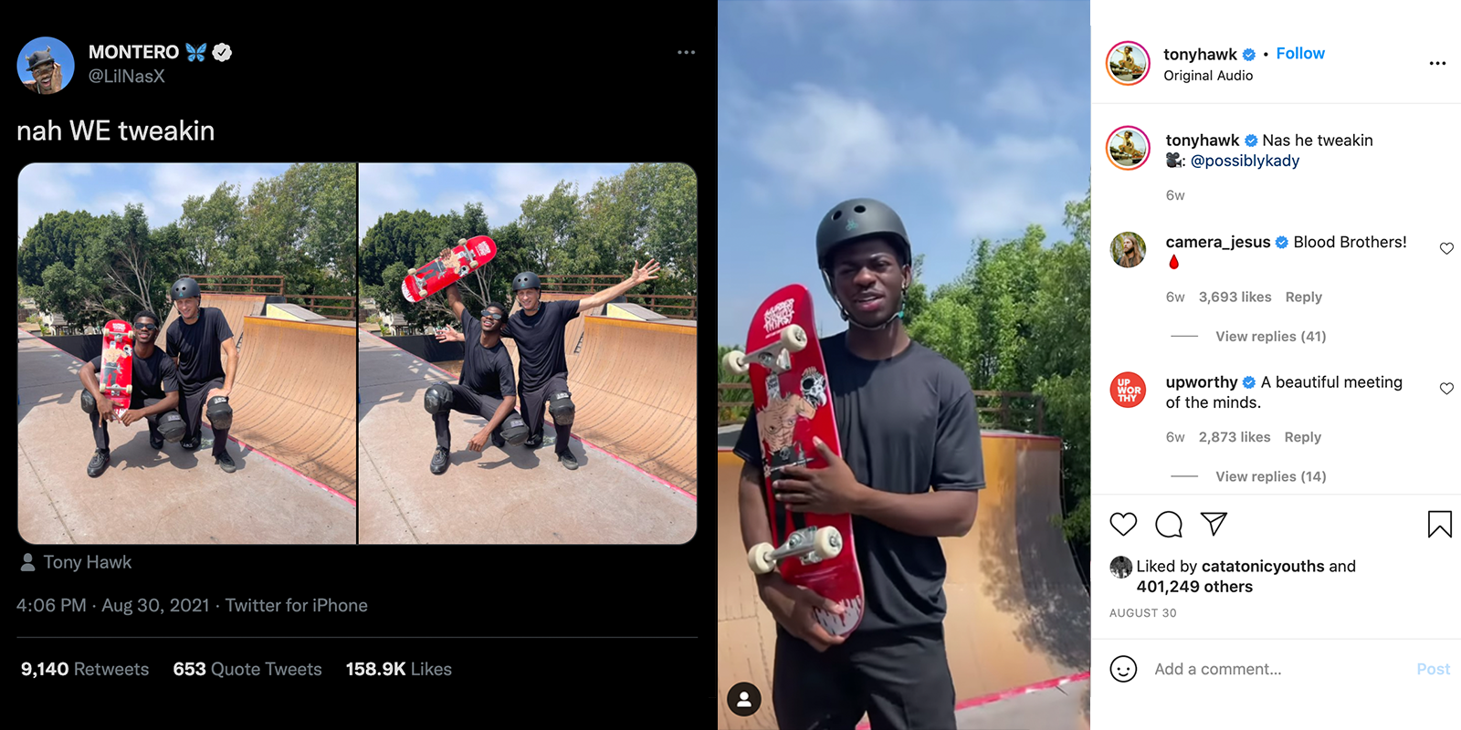 Lil Nas X and Tony Hawk stand at the top of his halfpipe holding Tony's Liquid Death bloodboard