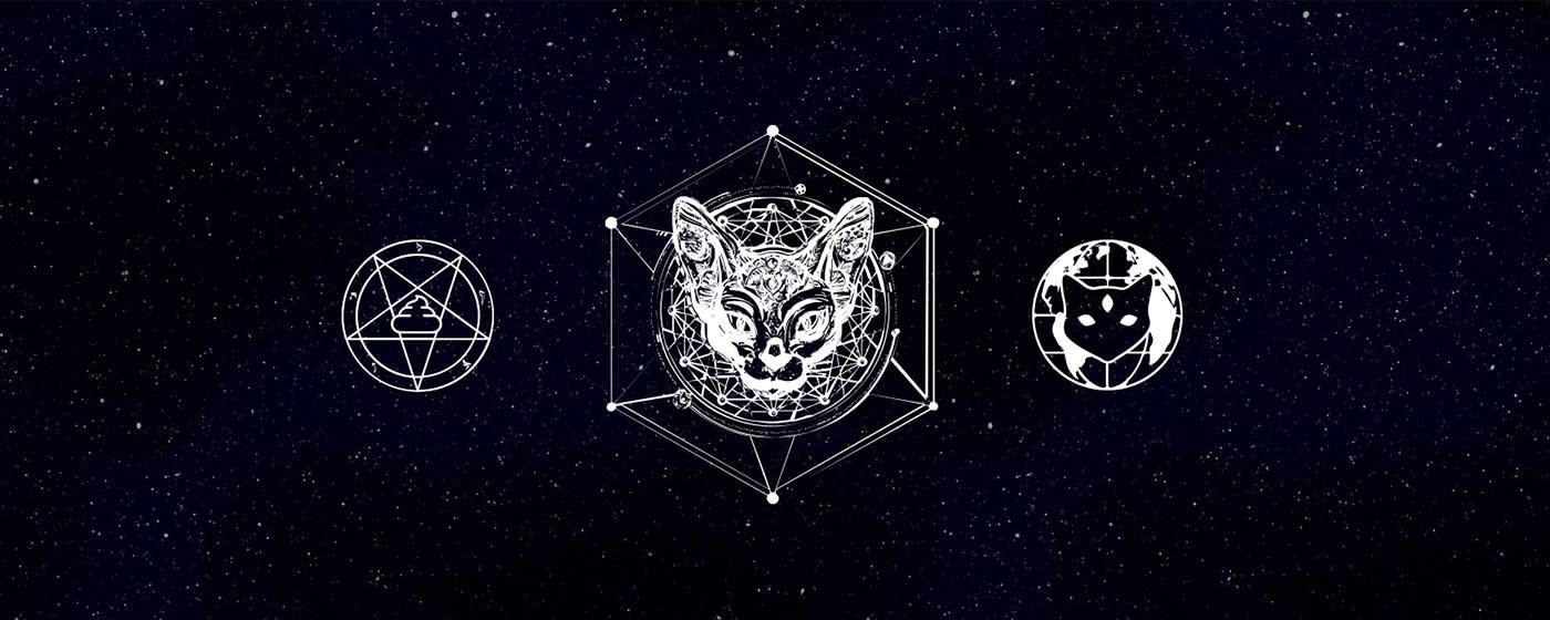 a drawing of cats as alchemy symbols in front of a space background