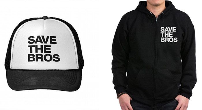 a black and white hat and to the right a black and white hoodie both with the words, "save the bros"