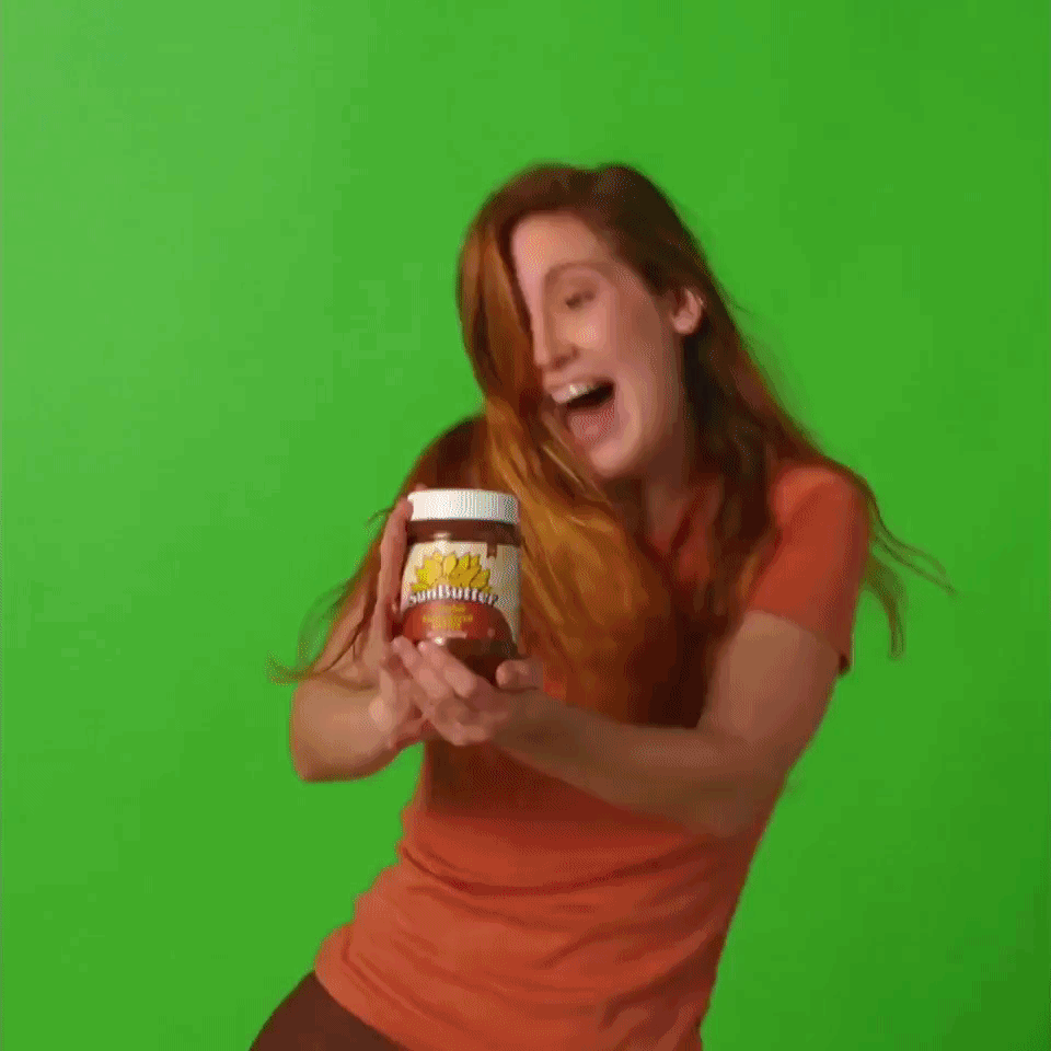A gif of Multiple people dancing with sunbutter as graphics swirl around the screen