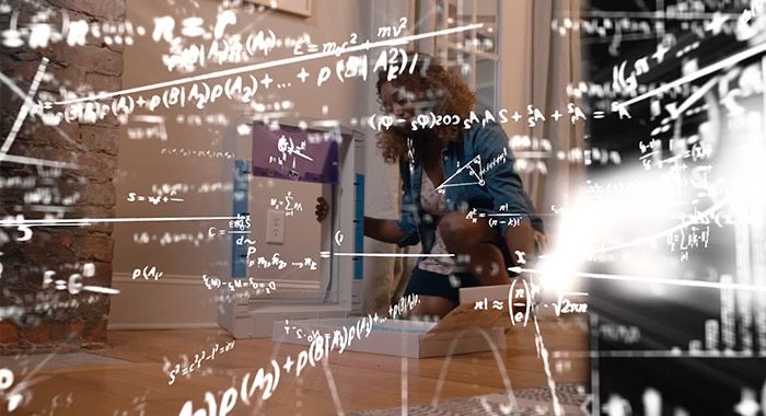 a woman trying to put together a litter box with formulas racing and overlaying the screen