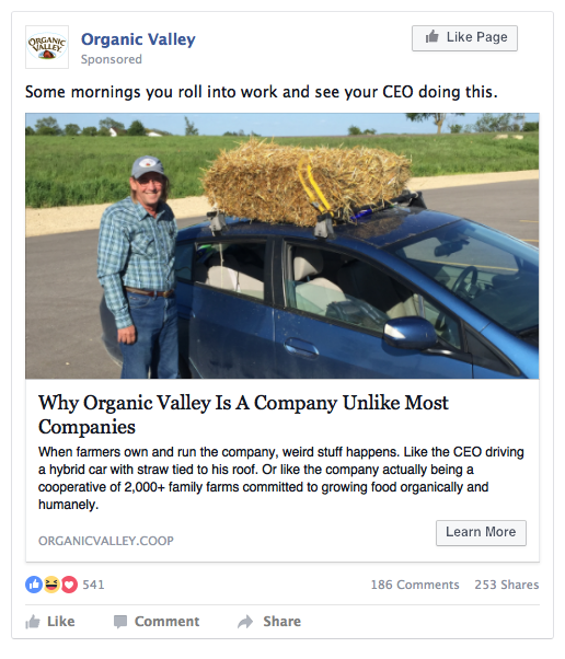 A facebook post of a man with straw strapped to the top of his sedan