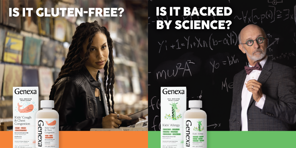 a photo cut in half with the left side of a woman looking disapproving with words above it, "Is it gluten-free?" and the right side a professor in front of a chalkboard with the words above it, "Is it backed by science?" with genexa medicine at the bottom