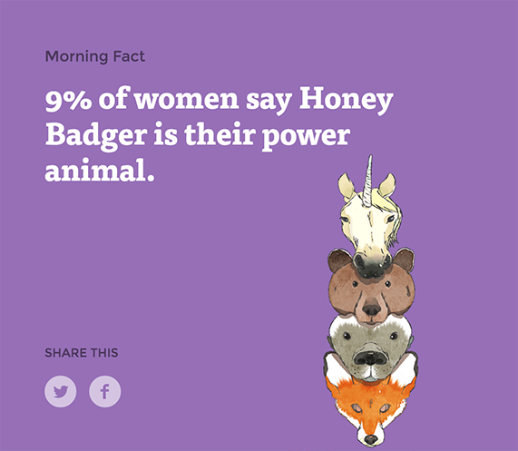 a drawing of a stack of heads of a fox, a honey badger, a bear, and a unicorn on a purple background, and text above it that reads, "9% of women say Honey Badger is their power animal."