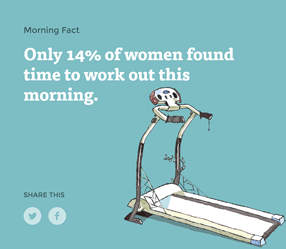 A drawing of a treadmill with a turquoise background and text that reads, "only 14% of women found time to work out this morning."