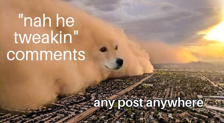 A dust cloud with a doge face on it covering a city with the words, "'nah he tweakin' comments" covering, "any post anywhere"