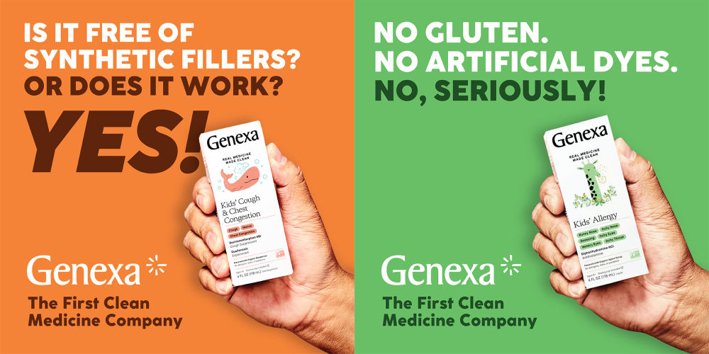 An ad for Genexa clean medical company split in two with the ad on the left reading, "Is it free of synthetic fillers? or does it work? Yes!" and on the right, "No Gluten. No Artificial Dyes. No, Seriously!"