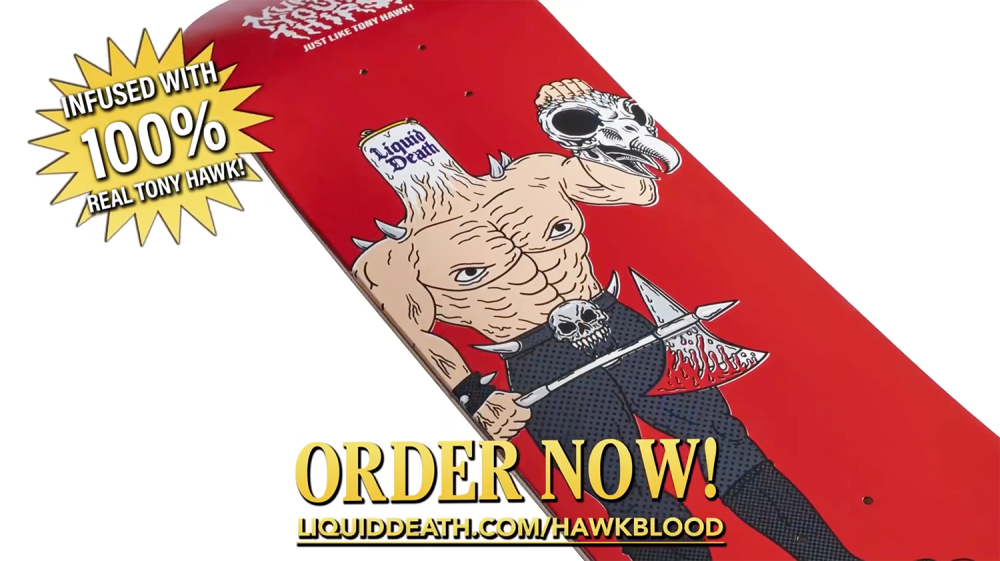 Advertisement to for the red Tony Hawk blood board with words displayed, "Order now" and. "infused with 100% real tony hawk!"