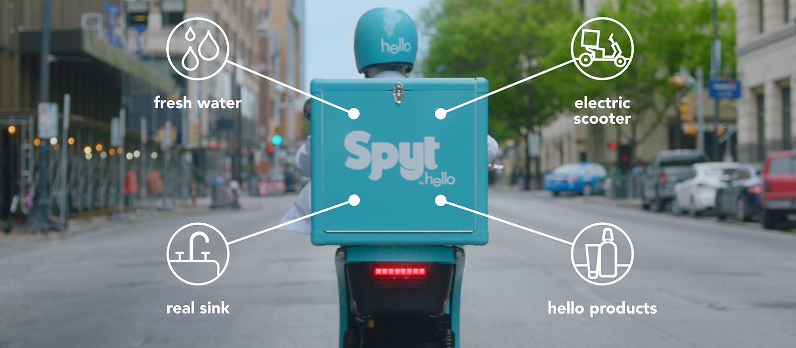 a man on a blue scooter drives through new york and a diagram states there is fresh water a real sink electric scooter and hello products in his scooter crate