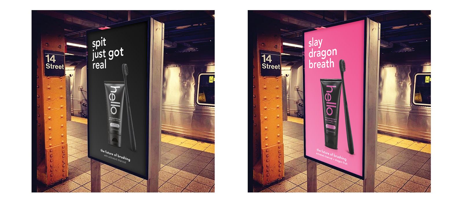 advertisements for hello in a subway in new york city