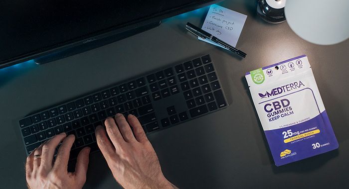 a downward shot of a man's desk including him typing on a keyboard and med terra gummies has a to do list that includes take cbd gummies