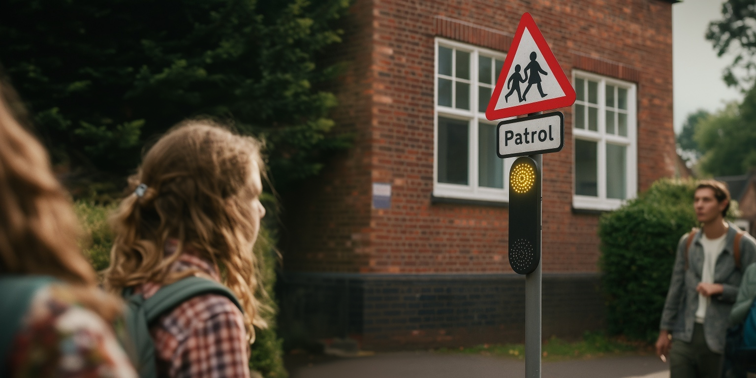 School patrol signal outside of school.