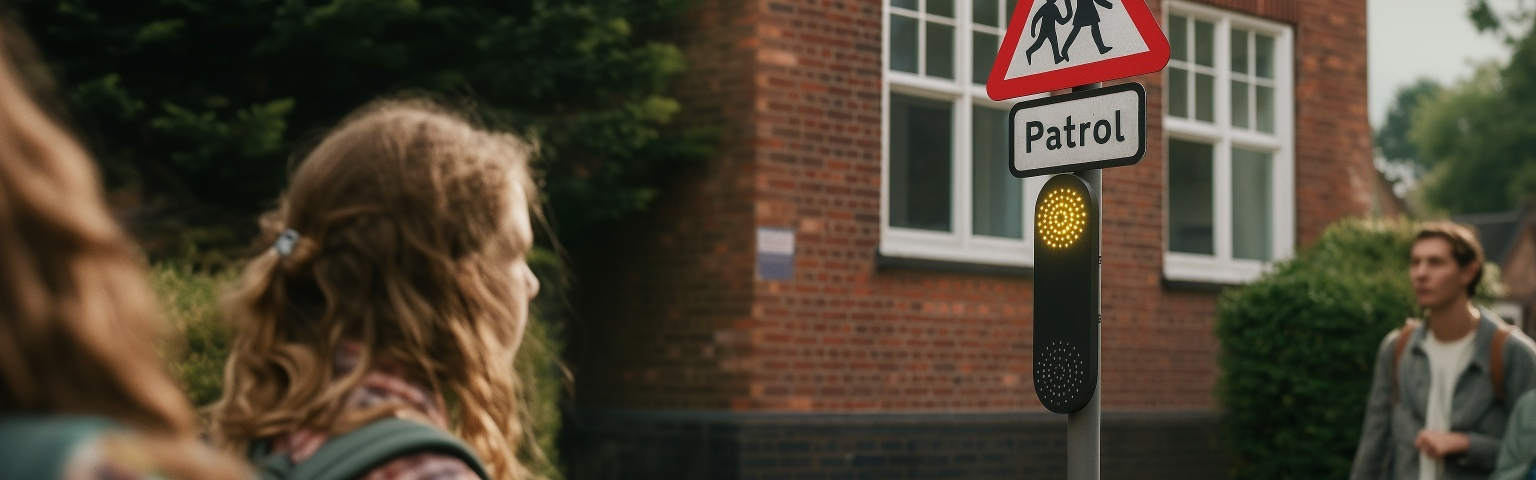 School patrol signal outside of school.