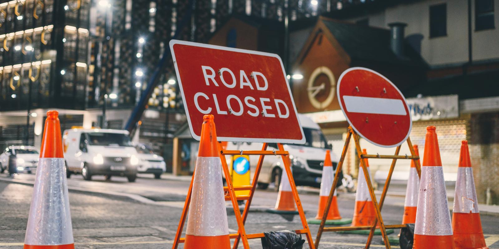 A road closed sign at a road works site