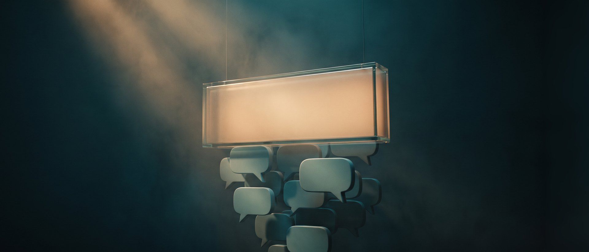 A glowing rectangular ad panel suspended in the dark with a dense cluster of blank speech bubbles hanging from its underside