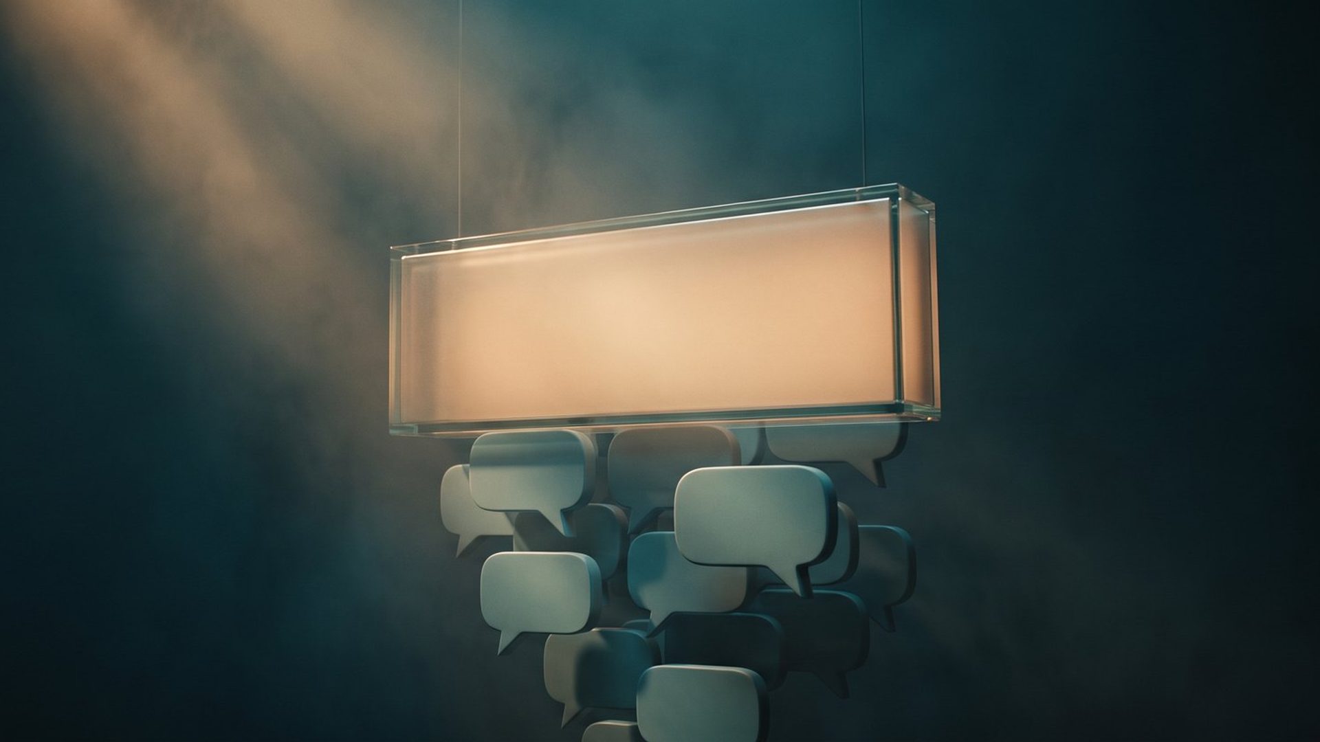A glowing rectangular ad panel suspended in the dark with a dense cluster of blank speech bubbles hanging from its underside